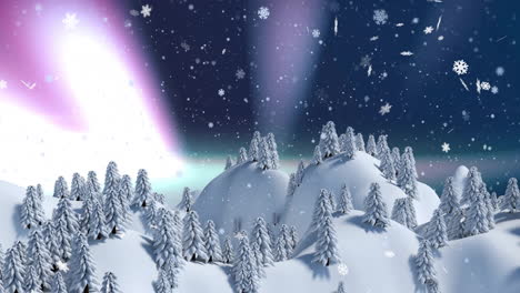 Animation-Von-Fallendem-Schnee-Und-Polarlichtern-Im-Weihnachtlichen-Winterlandschaftshintergrund