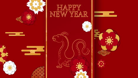 Animation-of-happy-new-year-text-and-dragon-sign-with-chinese-pattern-on-red-background