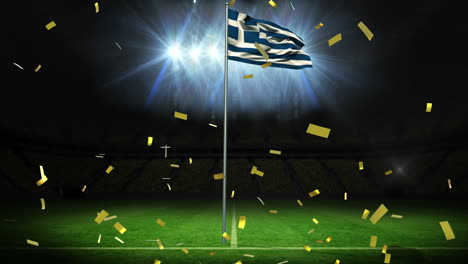 Animation-of-falling-confetti-over-waving-flag-of-greece-on-pole-in-stadium-against-lights