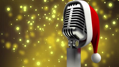 Animation-of-retro-microphone-with-santa-claus-hat-and-spots-of-light-falling-background