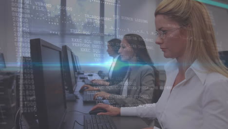 Animation-of-computer-language-and-lens-flares-over-diverse-women-working-on-computer-in-office