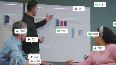 Animation-of-notification-bars-over-diverse-man-explaining-product-design-to-coworkers-on-whiteboard