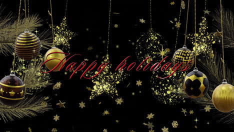 Animation-of-happy-holidays-text-with-lens-flare-over-baubles-and-stars-hanging-on-black-background