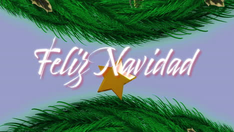 Animation-Des-Textes-„Feliz-Navidad“-über-Weihnachtlichen-Tannenzweigen-Auf-Blauem-Hintergrund