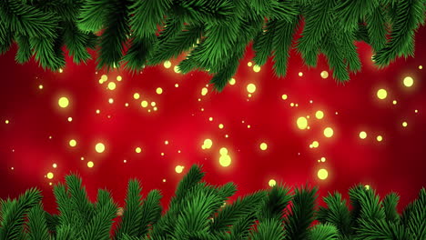 Animation-of-fir-tree-branches-over-spots-of-light-and-red-background