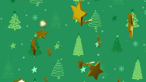 Animation-of-gold-stars-christmas-decoration-on-christmas-trees-on-green-background