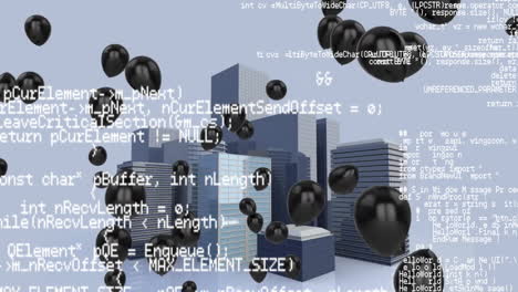 Animation-of-computer-language-over-black-balloons-and-3d-buildings-against-abstract-background