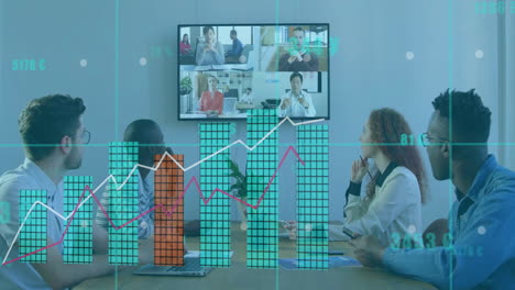 Animation-of-graphs-and-changing-numbers-over-diverse-coworkers-discussing-on-video-call-in-office