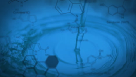 Animation-Von-Molekülstrukturen-über-Fallendem-Wasser-Auf-Blauem-Grund