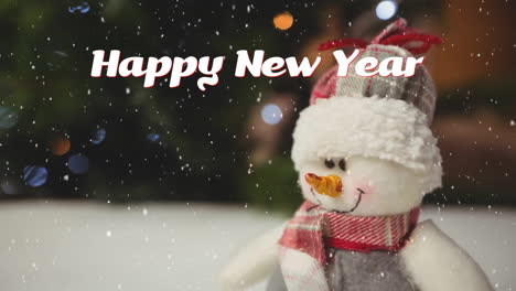 Animation-of-happy-new-year-text-over-snow-falling-and-snowman-background