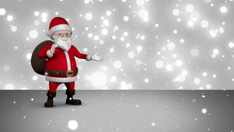 Animation-of-santa-claus-over-snow-falling-with-copy-space-on-grey-background