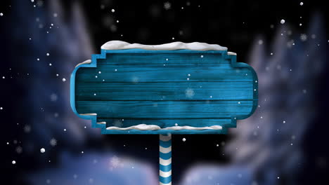 Animation-of-christmas-blue-sign-with-copy-space-and-snow-falling-background