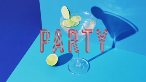 Animation-Von-Party-Neontext-Und-Cocktail-Auf-Blauem-Hintergrund