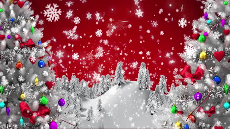 Animation-of-christmas-trees-over-snow-falling-on-red-background