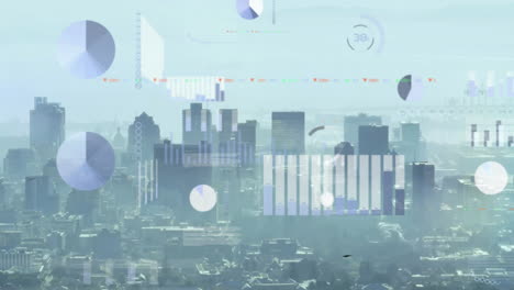 Animation-of-graphs,-loading-circles-and-trading-board-over-modern-cityscape-against-sky
