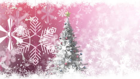 Animation-of-christmas-tree-over-snow-falling-on-pink-background