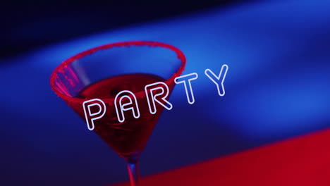 Animation-Von-Partytext-Und-Cocktail-Auf-Blau-rotem-Hintergrund