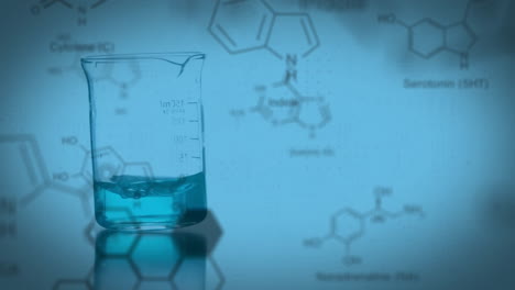 Animation-of-molecule-structures-over-liquid-moving-in-laboratory-flask-against-blue-background