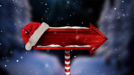 Animation-of-christmas-santa-hat-on-red-sign-with-copy-space-and-snow-falling-background