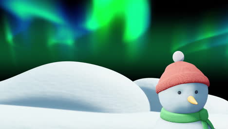 Animation-of-christmas-snow-man-moving-over-aurora-borealis-on-black-background