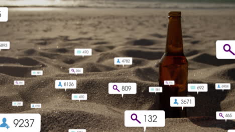 Animation-of-icons,-changing-numbers-in-notification-bars,-alcohol-bottle-on-sand-at-beach