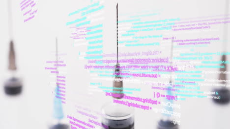 Animation-of-scientific-data-processing-over-syringes-on-white-background