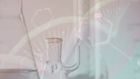 Animation-Des-DNA-Strangs-Und-Der-Wissenschaftlichen-Datenverarbeitung-über-Laborschalen-Auf-Grauem-Hintergrund