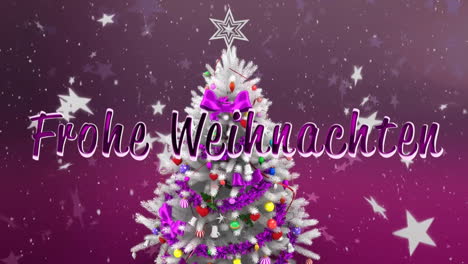 Animation-of-frohe-weihnachten-text-over-snow-falling-in-christmas-tree-background