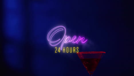 Animation-of-open-24-hours-neon-text-and-cocktail-on-blue-background