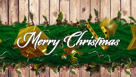 Animation-of-merry-christmas-text-over-christmas-decorations-on-wooden-background