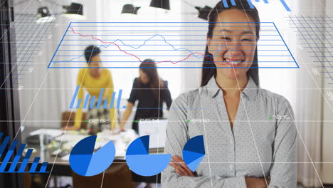 Animation-of-multiple-graphs-and-changing-numbers-over-smiling-asian-woman-standing-arms-crossed