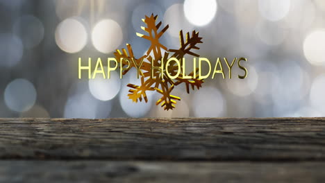 Animation-of-happy-holidays-text-over-christmas-snow-flakes-on-spot-lights-background