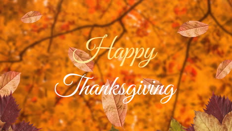 Animation-of-leaves-and-happy-thanksgiving-text-over-tree-branches-in-background