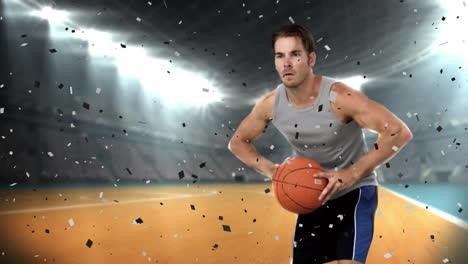 Animation-of-falling-confetti-over-caucasian-basketball-player-dribbling-and-passing-basketball