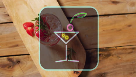 Animation-of-neon-cocktail-icon-and-cocktail-on-wooden-background