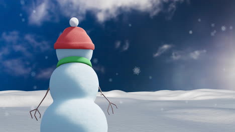 Animation-of-christmas-snow-man-moving-over-snow-falling-on-winter-scenery-background