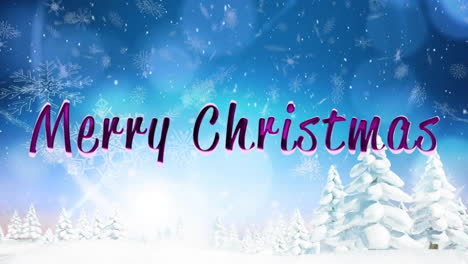 Animation-of-merry-christmas-text-over-snow-falling-in-christmas-winter-scenery-background