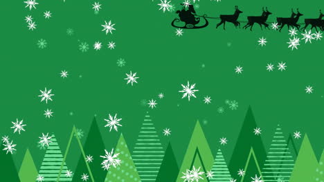 Animation-Von-Schneeflocken,-Weihnachtsmann-Auf-Schlitten-Mit-Rentieren-Und-Bäumen-Vor-Grünem-Hintergrund