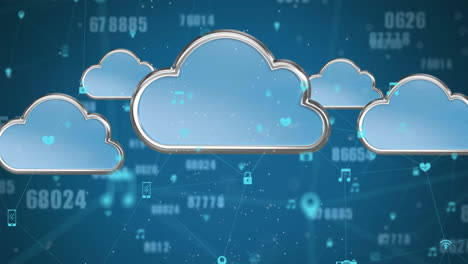 Animation-of-clouds,-changing-numbers-and-connected-icons-over-blue-background