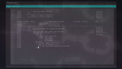 Animation-of-computer-language-in-terminal-interface-and-blockchain-over-black-background