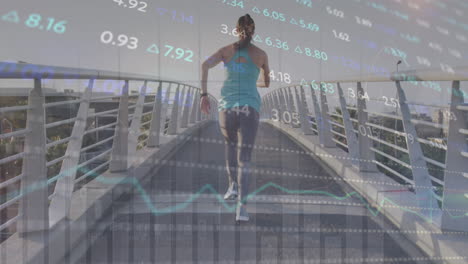 Animation-of-financial-data-processing-over-caucasian-woman-running