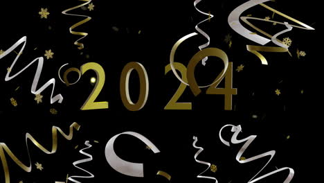 Animation-of-2024-text,-gold-and-silver-streamers-on-black-background