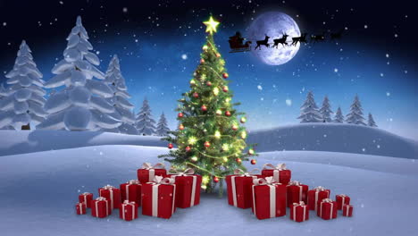 Animation-Von-Geschenkboxen,-Geschmücktem-Weihnachtsbaum,-Weihnachtsmann-Auf-Schlitten-Mit-Rentieren-Im-Himmel