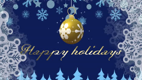 Animation-of-happy-holidays-text-over-and-christmas-bauble-on-blue-background