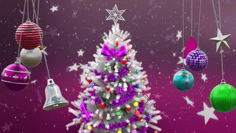 Animation-of-christmas-tree,-decorations-and-snow-falling-on-purple-background