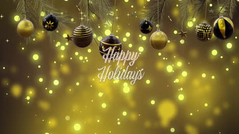 Animation-of-happy-holidays-text-with-baubles-hanging-over-illuminated-lens-flare