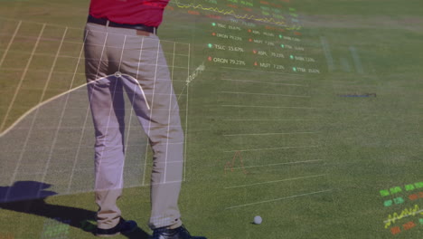 Animation-of-graphs-and-trading-boards-over-caucasian-golf-player-hitting-golf-ball