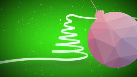 Animation-of-hanging-bauble,-line-forming-christmas-tree-and-snowfall-over-green-background