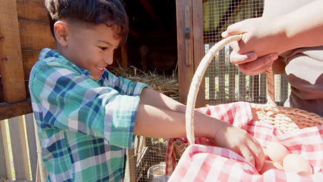 Happy-biracial-grandmother-and-grandson-picking-eggs-from-henhouse,-slow-motion