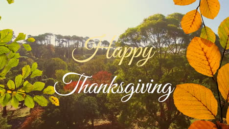Animation-of-happy-thanksgiving-text-with-leaves-over-aerial-view-of-trees-against-sky